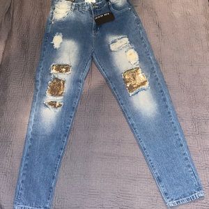 Distressed denim and gold jeans (Brand new)